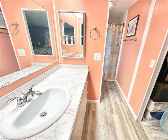 Bathroom featuring hardwood / wood-style flooring and vanity with extensive cabinet space