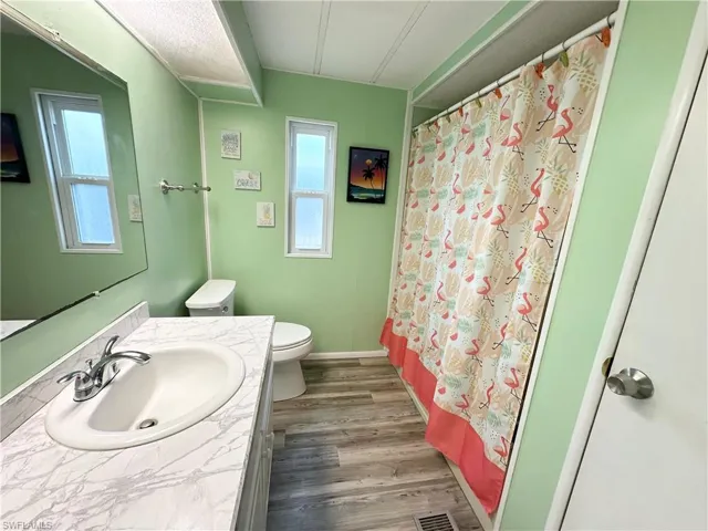 Bathroom featuring wood-type flooring, vanity with extensive cabinet space, and toilet