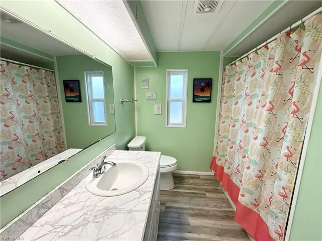 Bathroom featuring hardwood / wood-style flooring, toilet, and vanity