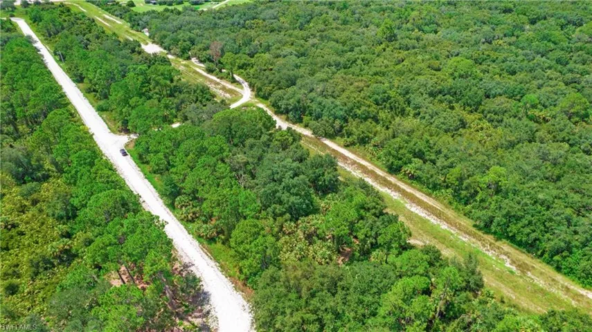 Aerial view of property and surrounding area with a forest
