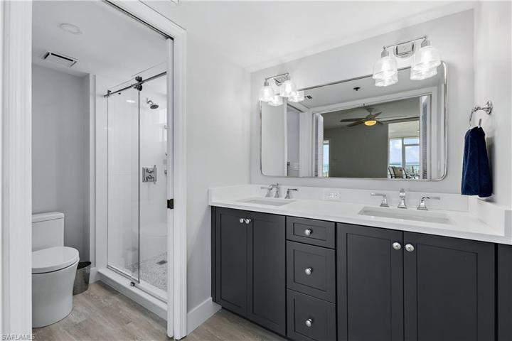 Primary bathroom with dual sinks, all remodeled