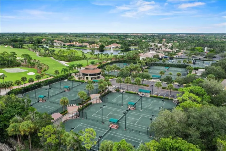 Bird's eye view of a nearby body of water and a golf club