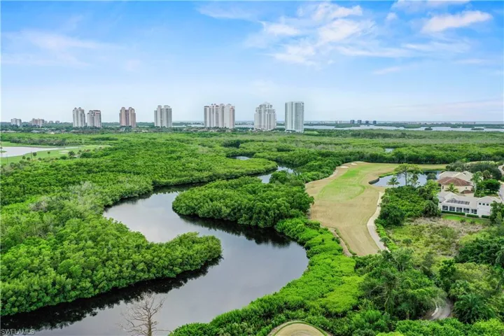 Aerial view of a nearby body of water and city skyline