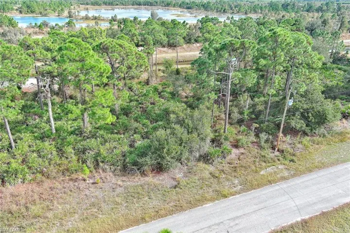 Aerial view of a heavily wooded area and a large body of water