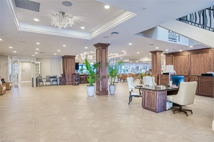Community lobby with recessed lighting and crown molding