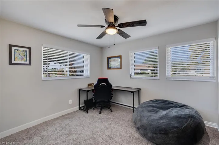 Office space featuring light colored carpet, plenty of natural light, and ceiling fan