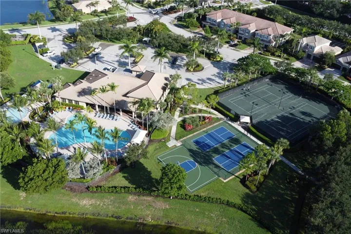 Bird's eye view of a pool area and a nearby body of water