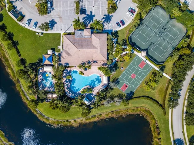 Bird's eye view of a large body of water and a pool