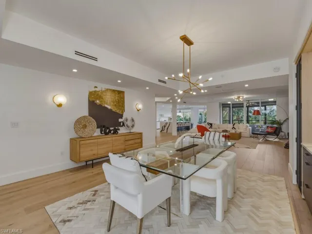 Dining room featuring hanging lights and light wood-style floors