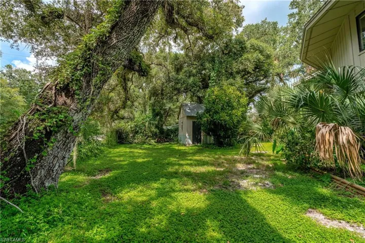 View of yard with a storage shed