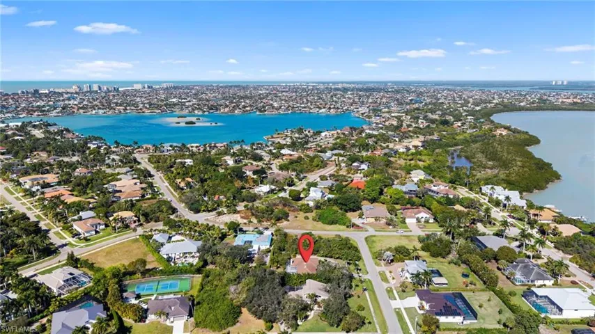 Aerial view of residential area. Roberts Bay to the left, Barfield Bay to the right