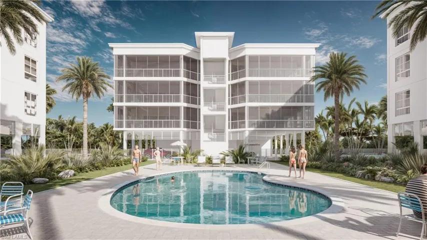 Community pool with a patio