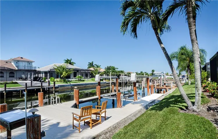 Dock area with a water view and a yard