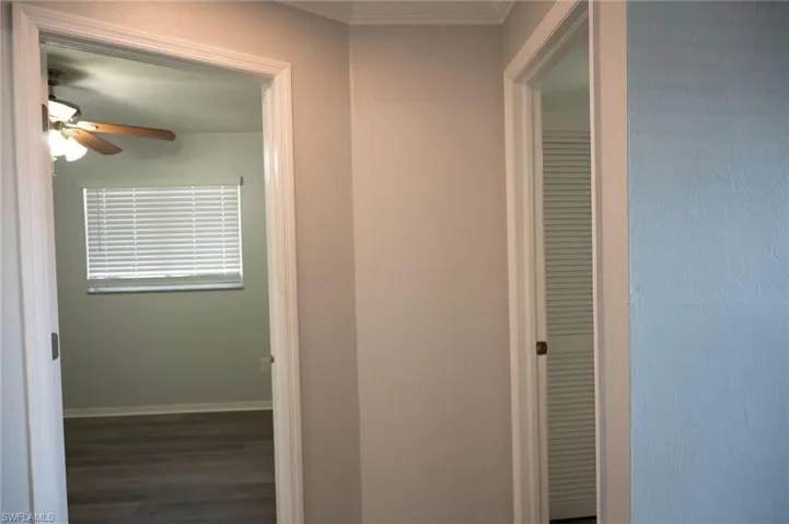 Hall with dark wood-style flooring