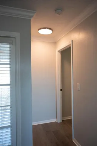 Hallway featuring ornamental molding, dark wood finished floors, and a textured wall