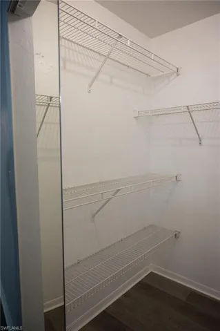 Walk in closet with dark wood-style floors
