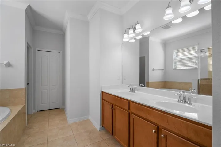 Full bathroom with ornamental molding, a closet, a sink, and tile patterned floors