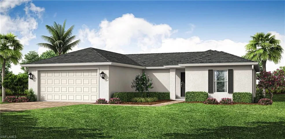 Single story home with a front lawn, stucco siding, driveway, and a garage