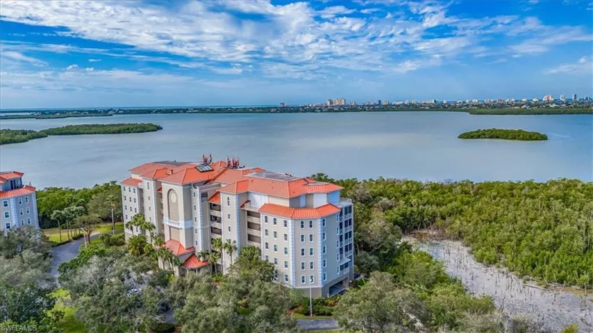 Birds eye view of property featuring a water view