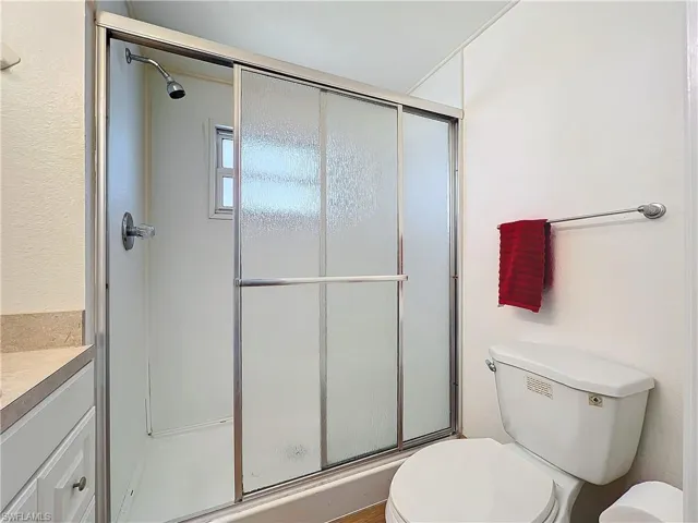 Bathroom with vanity, toilet, and a stall shower