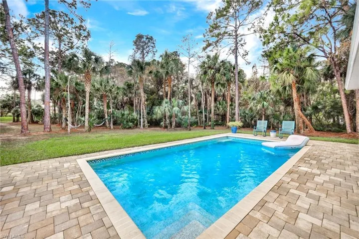 Swimming pool with a patio and a lawn