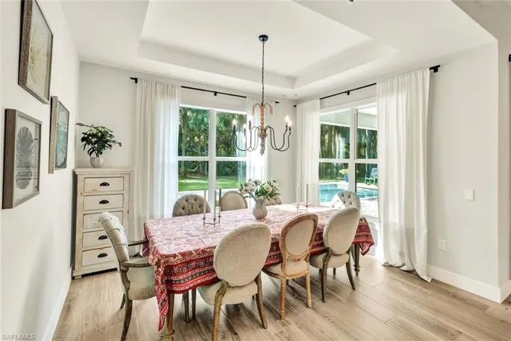 Dining space featuring a chandelier, healthy amount of natural light, light wood-style floors, and a raised ceiling