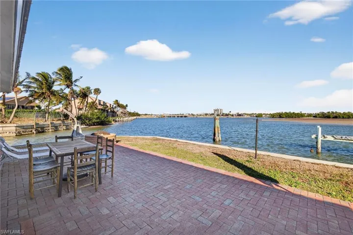 View of patio featuring a water view and outdoor dining area