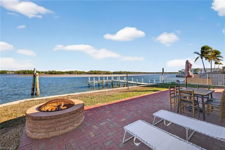 View of patio / terrace with an outdoor fire pit, a water view, a dock, and outdoor dining area