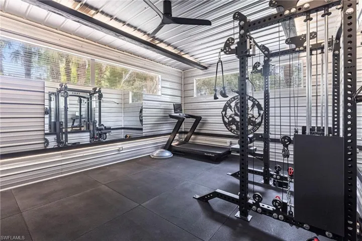 Workout area with ceiling fan