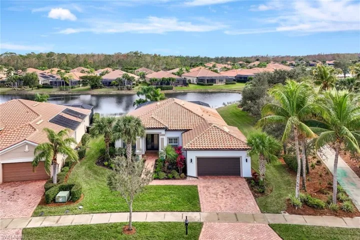 Birds eye view of property with a water view