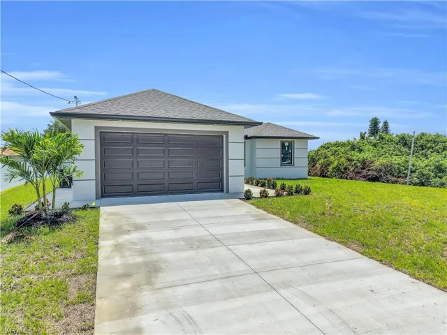 Contemporary exterior featuring a panel-style garage door, concrete driveway, and newly installed landscaping