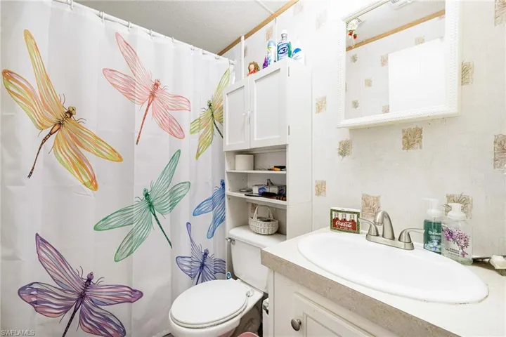 Full bathroom featuring vanity, toilet, and a shower with shower curtain