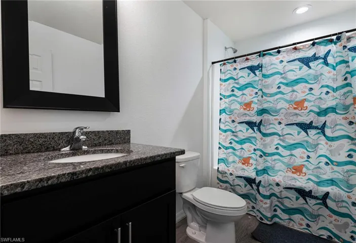 Bathroom featuring toilet, vanity, and wood-type flooring