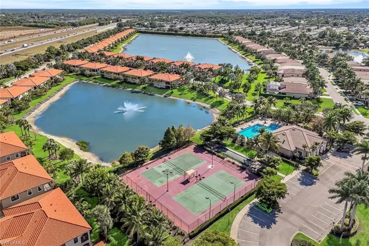 Aerial view of residential area with a large body of water