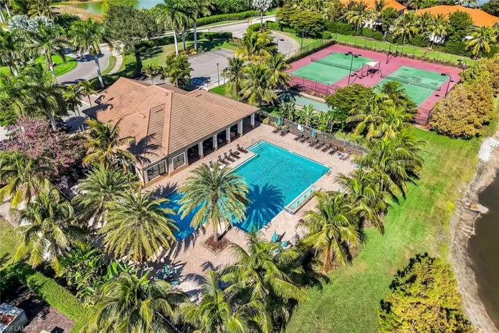 Bird's eye view of a pool and a nearby body of water