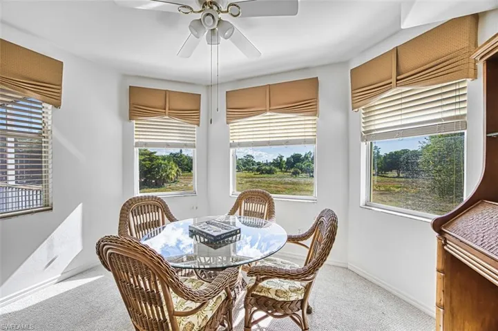 Carpeted dining room with healthy amount of natural light and a ceiling fan