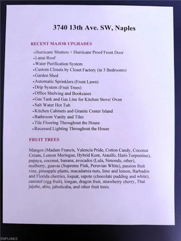 Property Feature List. Detailing recent property upgrades and fruit tree varieties present on the property