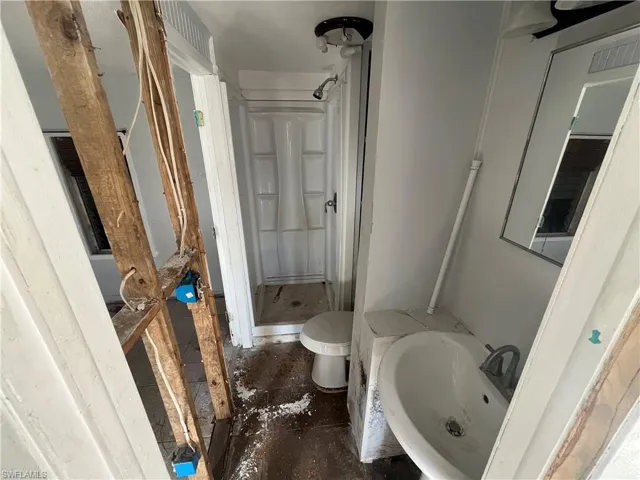 Bathroom featuring toilet, a shower stall, and a sink