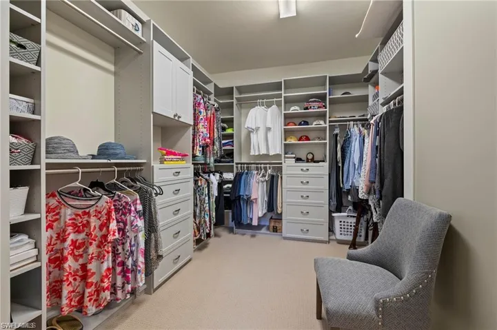 Walk in closet with light colored carpet
