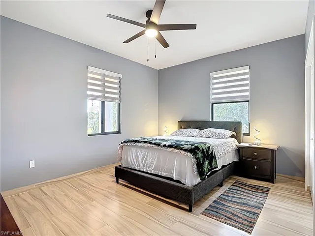 Bedroom featuring light wood finished floors and ceiling fan