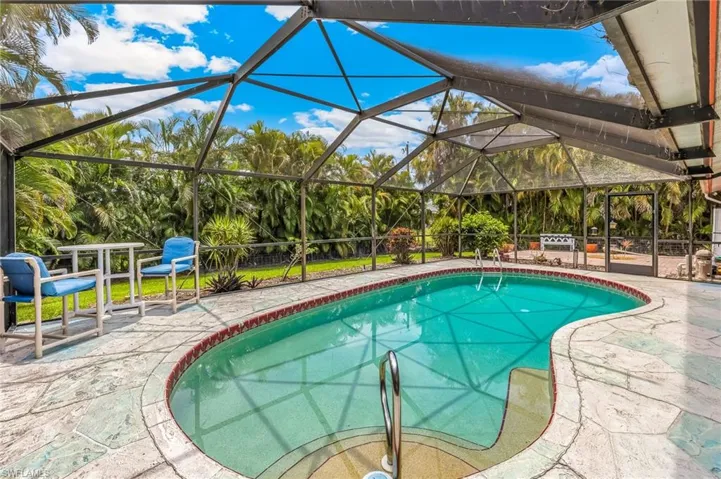 Screened-in outdoor pool area featuring a freeform pool with integrated steps, surrounding stone-finish decking, and a privacy hedge
