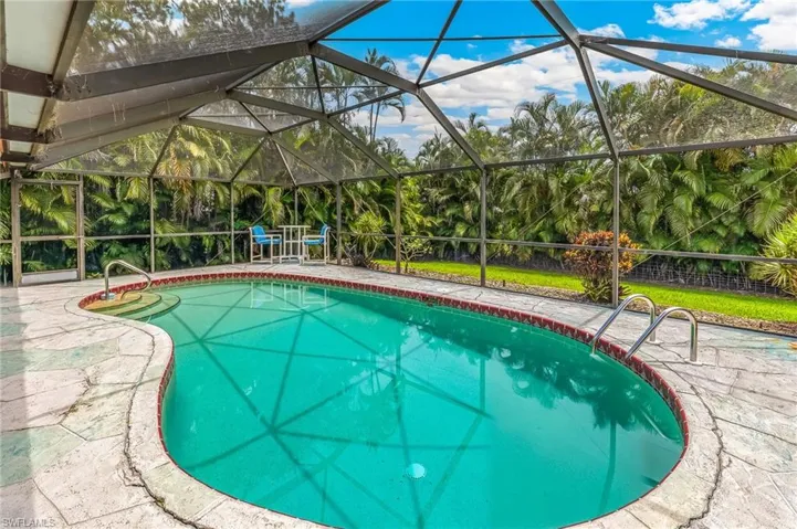 Screened pool enclosure featuring a freeform swimming pool with integrated steps, surrounded by stone-finish decking