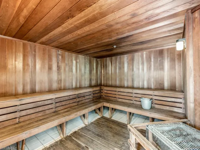 View of sauna with tile patterned flooring