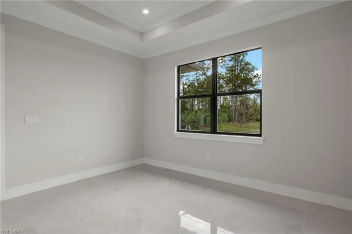 Empty room featuring a raised ceiling, a healthy amount of sunlight, and ornamental molding