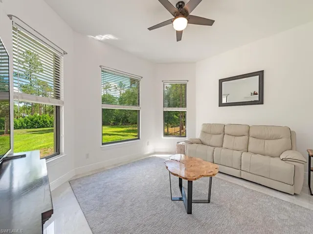 Living area featuring healthy amount of natural light, a ceiling fan, and baseboards
