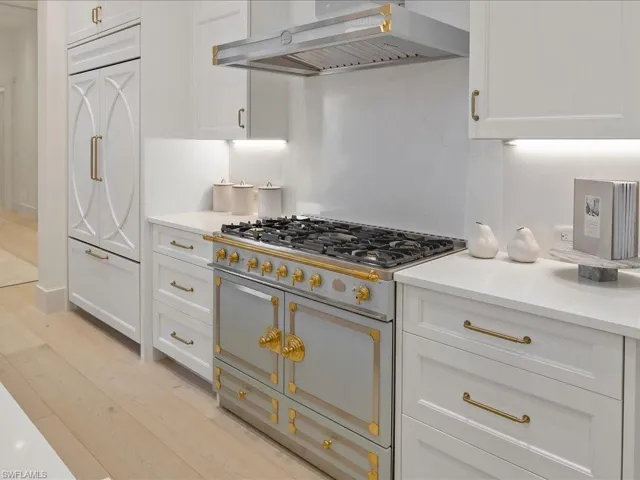 Kitchen with ventilation hood, high quality appliances, light countertops, and white cabinets