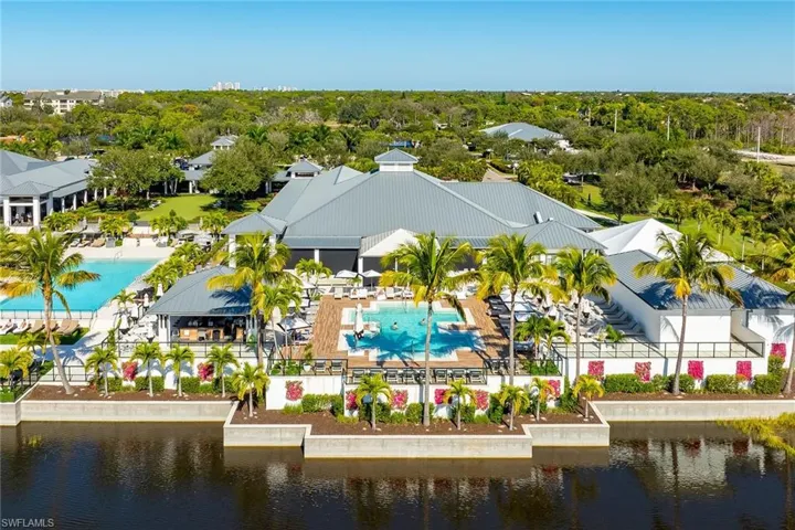 Aerial of Lap Pool and Adult Pool with towel and food and beverage service, Tikki Hut Bar, Dining