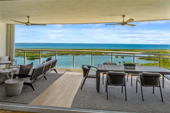 The terrace, living area dining area kitchen and primary bedroom and bath all face West for year round sunsets over the Gulf and bay