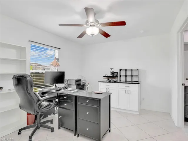 Tiled office space with ceiling fan