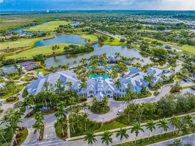 Bird's eye view of a large body of water and a golf course